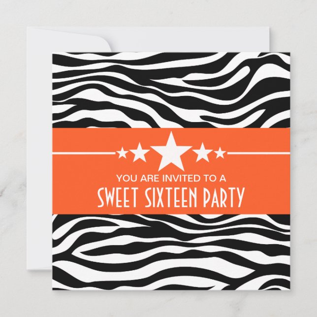 Convites Orange Stars Zebra Print Sweet 16 Invite (Frente)