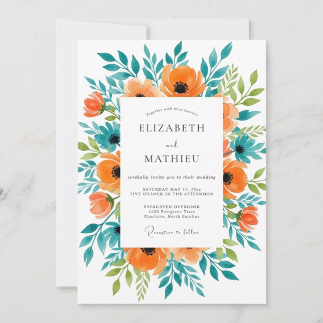 Convites Orange Sublime Summer Botanical Wedding (Frente)