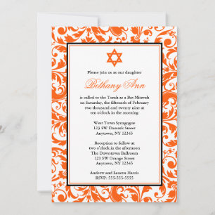 Convites Orange Swirl Damask Bat Mitzvah Invants