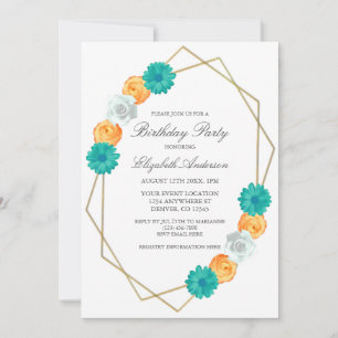 Convites Orange Teal Floral Geométrico Aniversário