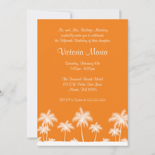 Convites Orange Tropical Beach Palm Tree Quinceanera Party (Frente)