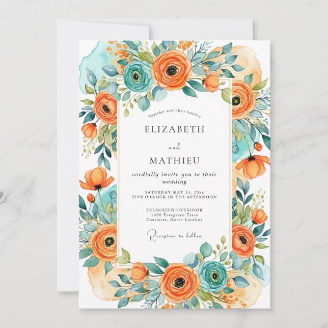 Convites Orange Turquoise Alluring Summer Wedding (Frente)