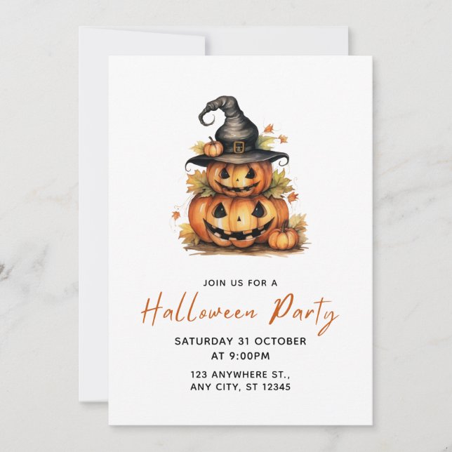 Convites Orange Watercolor Pumpkin Festa de Halloween (Frente)