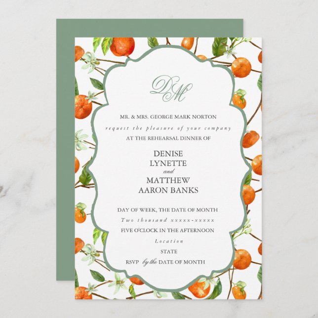 Convites Orange Wedding Basil Green Invitation (Frente/Verso)