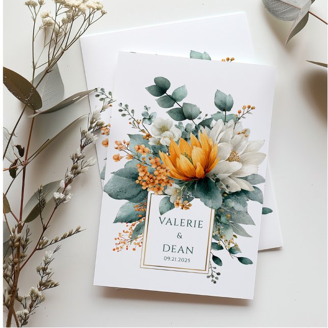 Convites Orange White Floral Eucalyptus Gold Frame (Criador carregado)