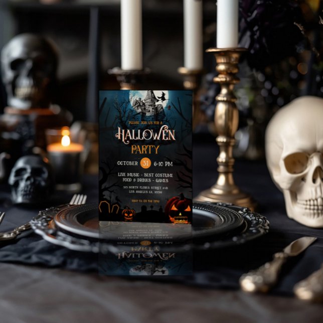 Convites Orange & White Hunted HouseFesta de Halloween Conv (Criador carregado)