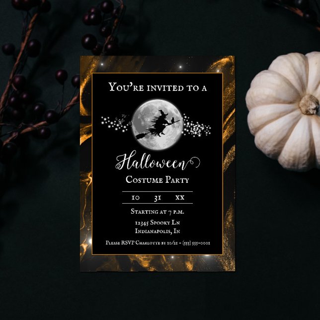 Convites Orange Witette Silhouette Festa de Halloween (Orange Witch Silhouette Halloween Party Invite)