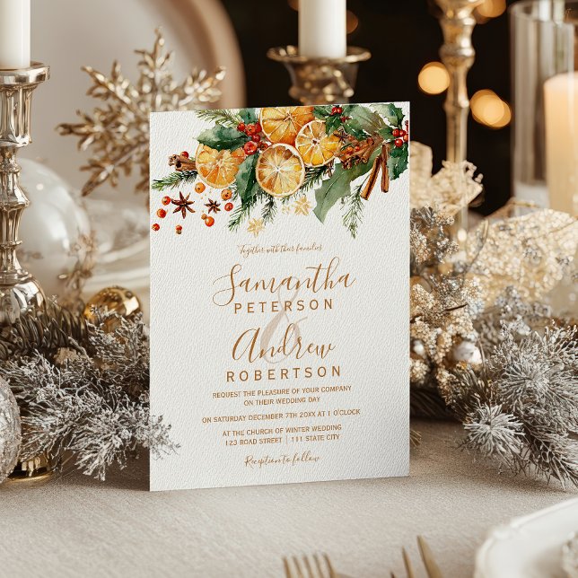Convites Orange Wreath Citrus Christmas winter wedding (Orange Wreath Citrus Christmas winter wedding Invitation)