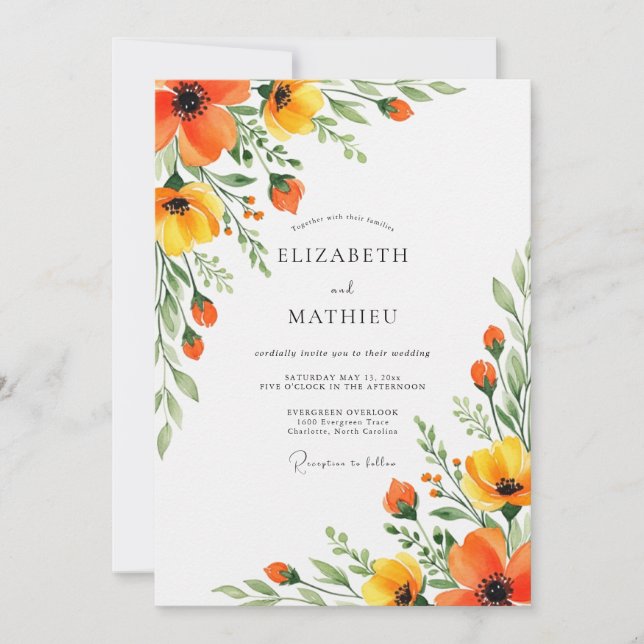 Convites Orange Yellow Floral Flourish Wedding (Frente)