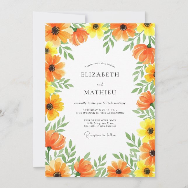 Convites Orange Yellow Floral Whimsy Wedding (Frente)