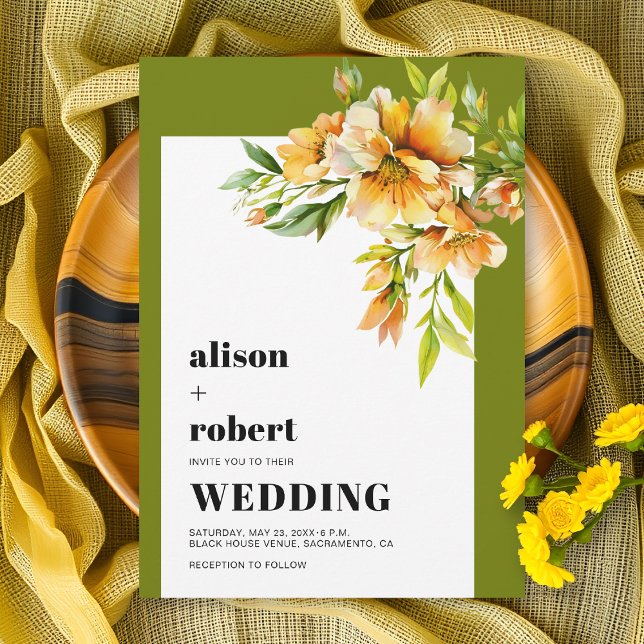 Convites Orange, yellow rhododendron olive green wedding (Criador carregado)