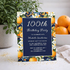 Convites Oranges White Flowers Navy Blue 100th Birthday