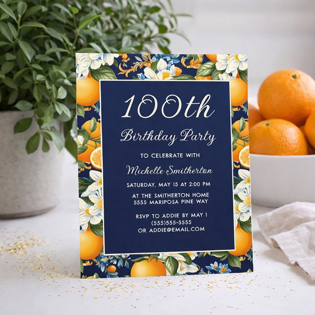 Convites Oranges White Flowers Navy Blue 100th Birthday (Oranges on navy blue 100th birthday party invitation)
