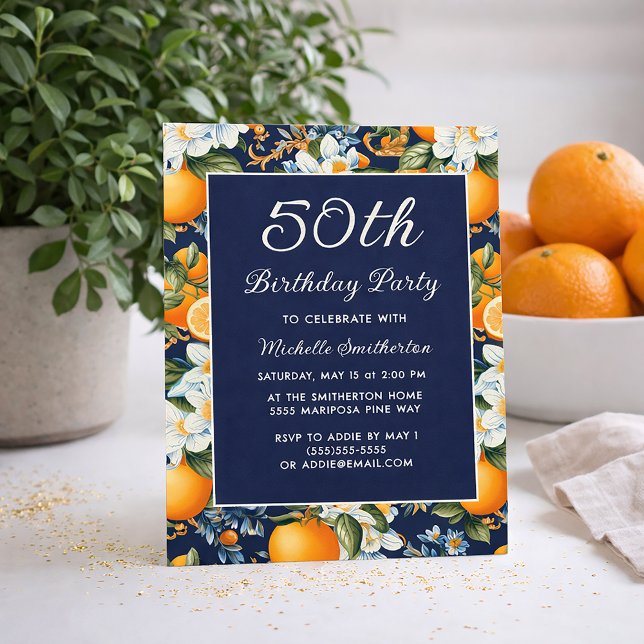Convites Oranges White Flowers Navy Blue 50th Birthday (Oranges on navy blue 50th birthday invitation)