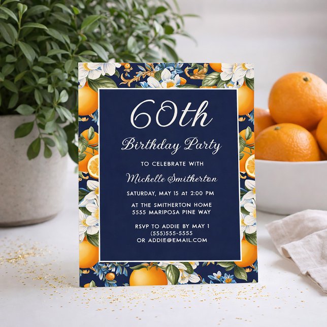 Convites Oranges White Flowers Navy Blue 60th Birthday (Oranges on navy blue 60th birthday invitation)