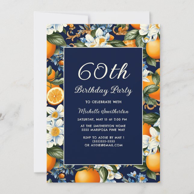 Convites Oranges White Flowers Navy Blue 60th Birthday (Frente)