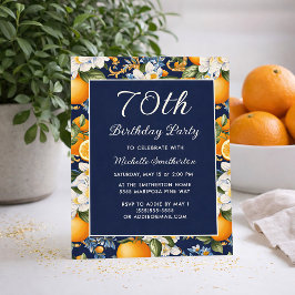 Convites Oranges White Flowers Navy Blue 70th Birthday