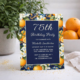 Convites Oranges White Flowers Navy Blue 75th Birthday