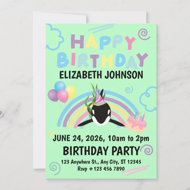 Convites Orca Birthday Party Invitation in Green (Frente)