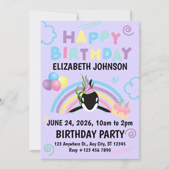 Convites Orca Birthday Party Invitation in Purple (Frente)
