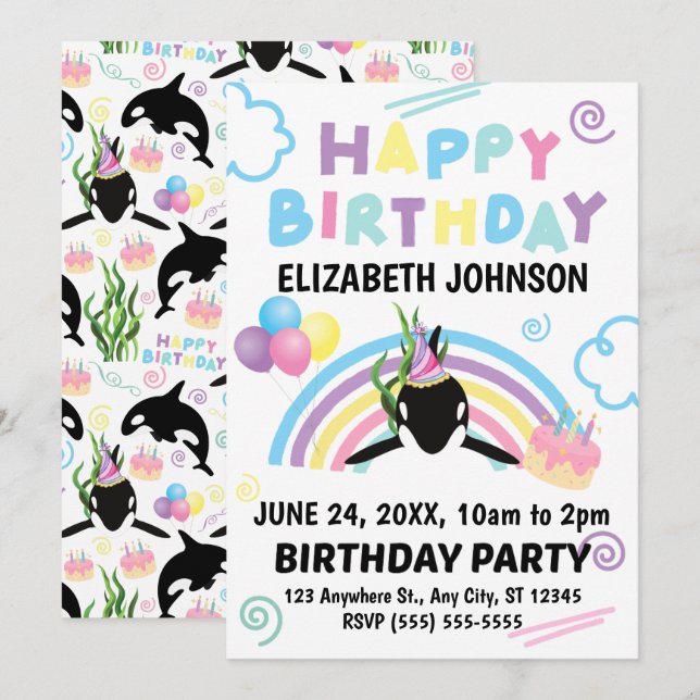 Convites Orca Whale Birthday Invitation (Frente/Verso)