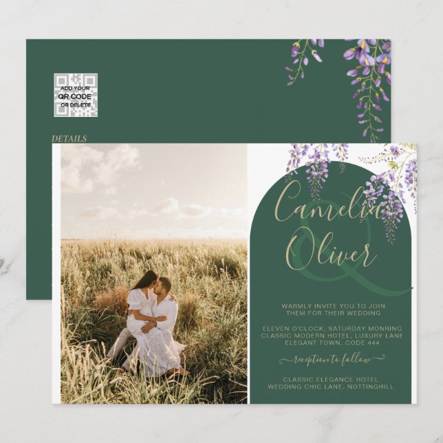 Convites Orçamento All-in1 PHOTO Wedding Wisteria Código QR (Frente/Verso)