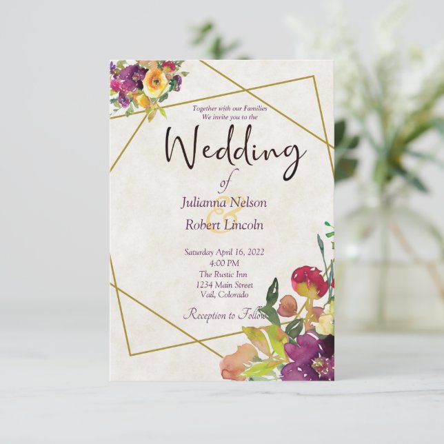 Convites Orçamento Burgundy e floral amarelo casamento  (Em pé/Frente)