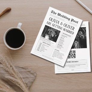 Convites Orçamento, código QR, casamento de jornal engraçad