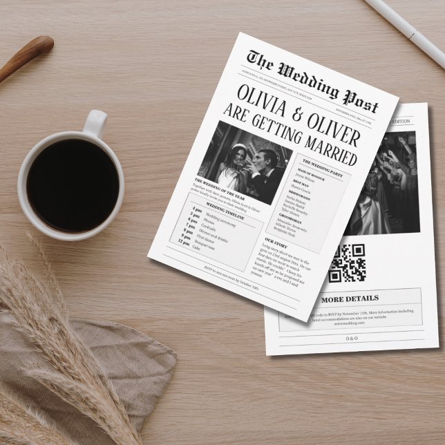 Convites Orçamento, código QR, casamento de jornal engraçad (Criador carregado)