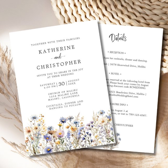 Convites Orçamento de Flores Silvestres Azul Poeira para Ca (BOHO Dusty Blue Wildflowers All In One Wedding Invitation with RSVP, Hotel, Reception Info on Back.)