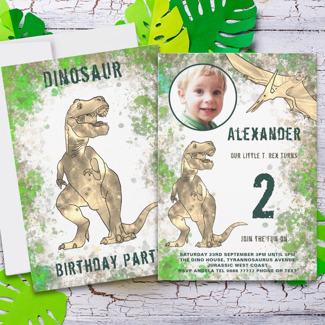 Convites Orçamento do Partido segundo aniversário Dinossaur (Dinosaur 2nd birthday party budget invitation with photo template)