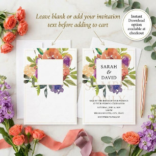 Convites Orçamento em branco Casamento floral laranja e rox