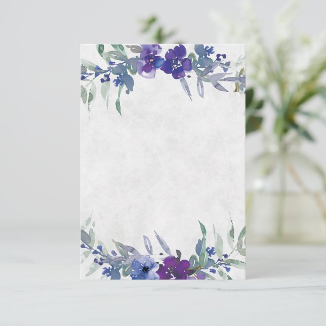 Convites Orçamento em branco casamento floral roxo e azul  (Em pé/Frente)
