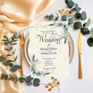 Convites Orçamento em branco Eucalipto e casamento em ouro