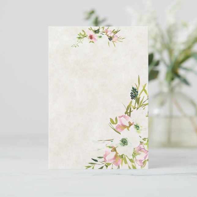 Convites Orçamento em branco Rosa e floral branco para casa (Em pé/Frente)