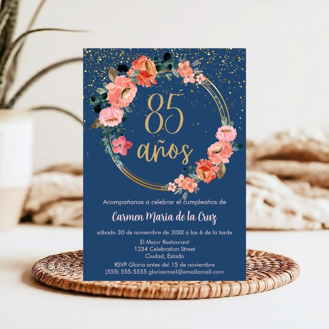 Convites Orçamento Espanhol Azul Dourado Rosa Floral 85º An (Criador carregado)