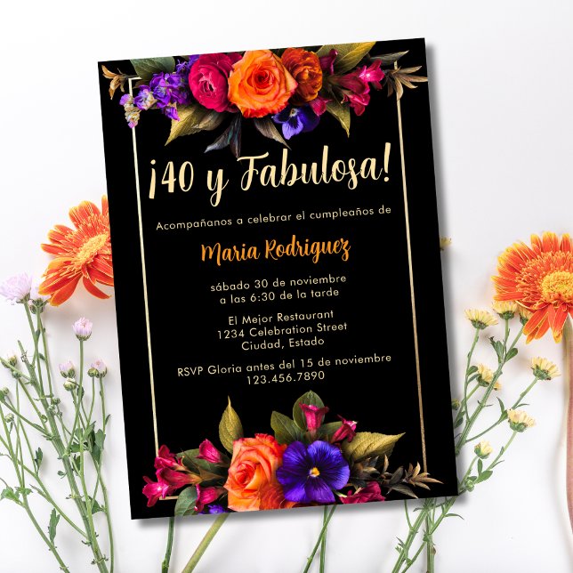 Convites Orçamento Espanhol Elegantes Flores Pretas Anivers (Criador carregado)