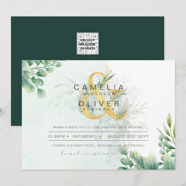 Convites ORÇAMENTO Eucalyptus Greenery Dourado Casamento CÓ (Frente/Verso)