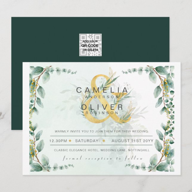 Convites ORÇAMENTO Eucalyptus Greenery Dourado Casamento CÓ (Frente/Verso)