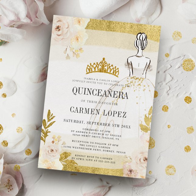 Convites Orçamento Floral Glitter Dourada Princesa Quincean (Criador carregado)