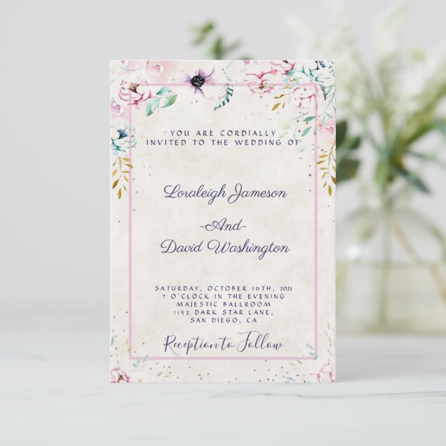 Convites Orçamento Rosa Bonito e floral de casamento roxo I (Em pé/Frente)