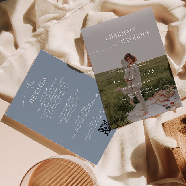 Convites Orçamento tudo em um código QR Dusty Blue Weding (Criador carregado)