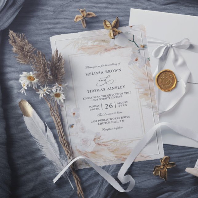 Convites Orchids Pampas Grass Budget QR Code Wedding (Criador carregado)