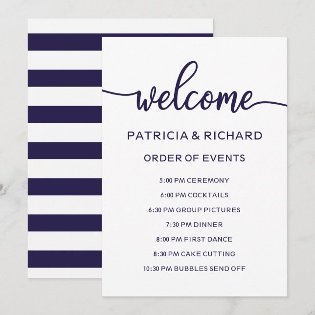 Convites Ordem de Eventos de Casamento Chic Azul-Marinho Cr (Frente/Verso)