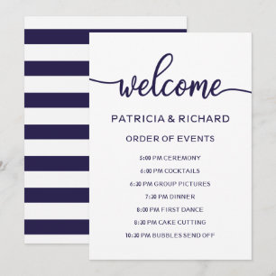 Convites Ordem de Eventos de Casamento Chic Azul-Marinho Cr