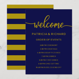 Convites Ordem de Eventos do Casamento Azul Naval Dourado