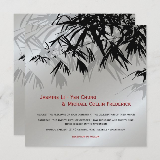 Convites Oriental Bamboo Deixa Casamento Asiático de Prata  (Frente/Verso)
