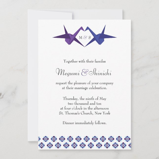 Convites Origami Cranes Wedding (Azul e Roxo) (Frente)