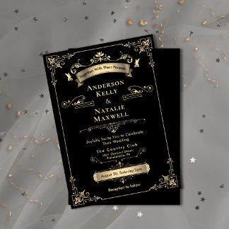 Convites Ornament Rococo Elegante Casamento Preto e Dourado