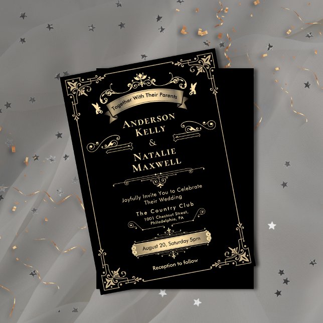 Convites Ornament Rococo Elegante Casamento Preto e Dourado (Elegant Rococo Ornament Black & Gold Wedding Invitation)